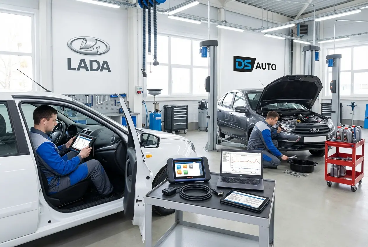 Диагностическое оборудование подключено к автомобилю LADA в автосервисе DS Auto Жуковский