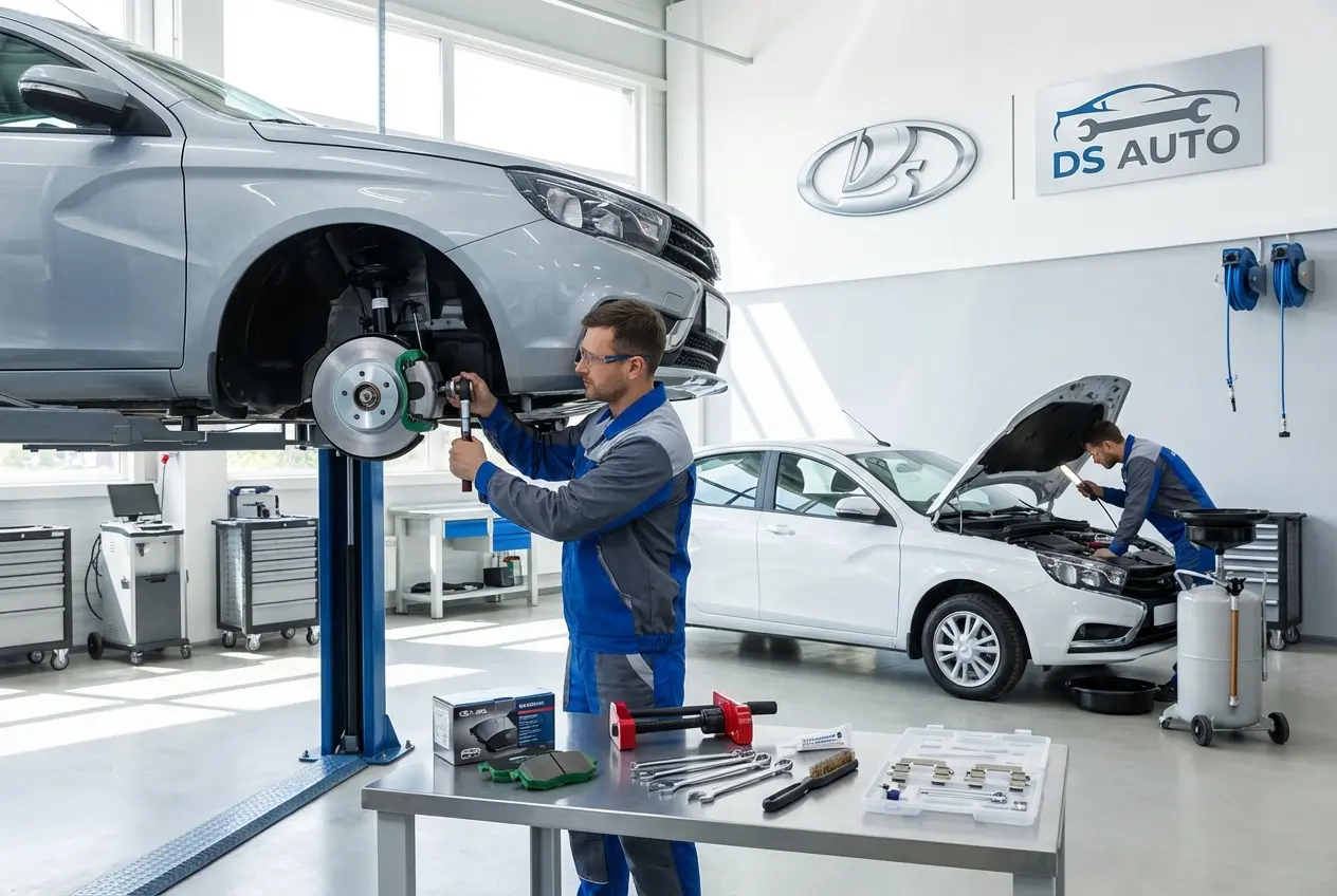 Процесс замены передних тормозных колодок LADA в автосервисе DS Auto в Жуковском
