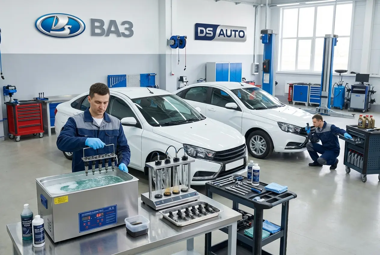 Топливные форсунки LADA на диагностическом стенде в автосервисе DS Auto в Жуковском — проверка и ультразвуковая чистка для бензиновых двигателей ВАЗ
