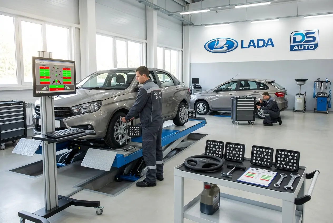Процесс регулировки развал-схождения колес автомобиля LADA в автосервисе DS Auto в Жуковском

